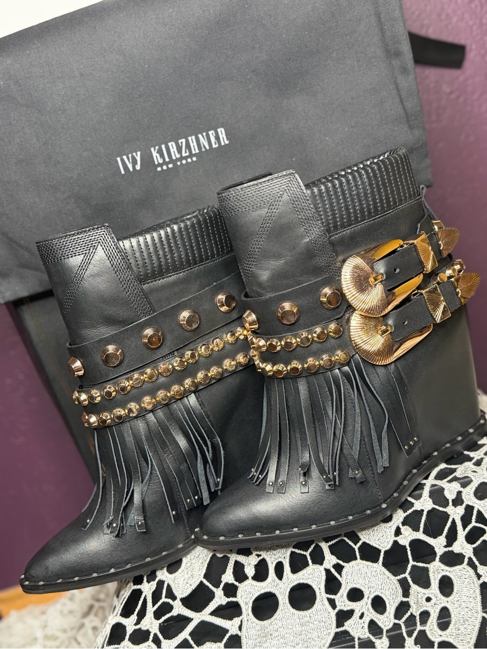 Ivy Kirzhner Black Leather Fringe Platform Western Ankle Boots with Gold Buckles